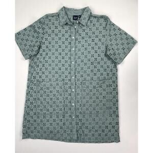 Gap Green Floral Eyelet Collared Button Front Mini Shirt Dress With Slip Size XL